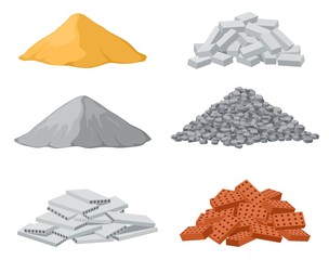 Building material piles. Red and lime brick, cement heaps. Gravel pile and reinforced concrete slabs isolated vector set. Industrial pile brick, block and sand, wood and stone illustration
