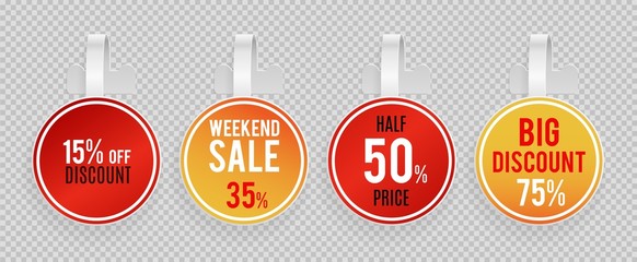 Sale wobblers mockup. Special offer, discount vector banners template on transparent background. Wobbler discount advertising, tag plastic for retail illustration - obrazy, fototapety, plakaty