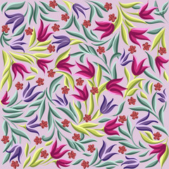 vector drawings of handdrawn floral pattern with leaves and cute wild flowers on a pink background