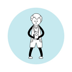 Vector element for design. Boy with photo camera on blue circle. Profession photographer. Simple line art, flat style. Black and white