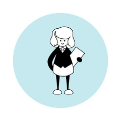 Vector element for design. Woman with folder on blue circle. Profession accountant. Simple line art, flat style. Black and white