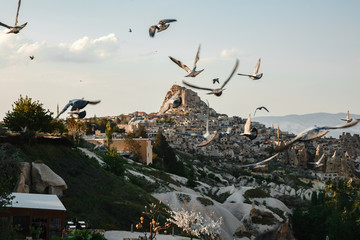 Beautiful cone rock in Cappadocia Turkey is photographed close-up pigeon Valley