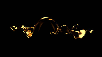 Splash of gold fluid. 3d illustration, 3d rendering.