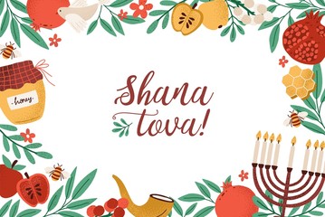 Fototapeta premium Rosh Hashanah horizontal banner template with Shana Tova lettering and frame with menorah, shofar horn, honey, apples and leaves. Flat cartoon vector illustration for Jewish new year celebration.