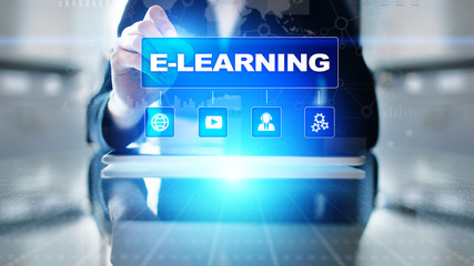 E-learning, Online education, internet studying. Business, technology and personal development concept on virtual screen
