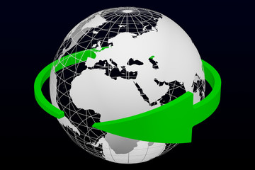 Green arrow around transparent model of Planet Earth. 3D rendering.