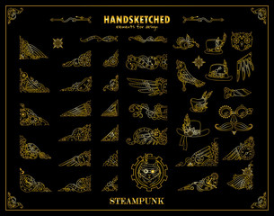 Vector vintage elements for design. Steampunk collection, hand drawn mechanical watch, clock, gear wheel, birds, feathers, owl, cat. Ornate art for frames, borders, logo. Metallic gold color on black