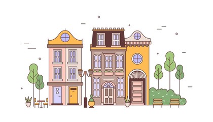Exterior view of elegant residential buildings of European architecture. Urban landscape or cityscape with district of exquisite living houses. City real estate. Vector illustration in linear style.