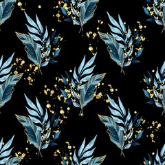 Nahtloses Muster mit blauen Blättern. Hintergrund für Geschenkpapier, Wandkunstdesign