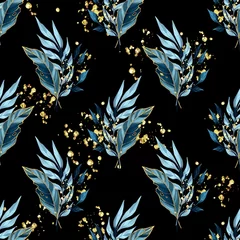 Rollo ohne bohren Blau Gold Nahtloses Muster mit blauen Blättern. Hintergrund für Geschenkpapier, Wandkunstdesign