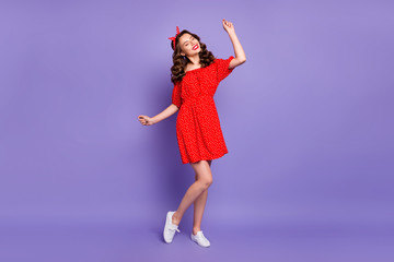 Naklejka premium Full body photo of pretty lady earning dancing queen status wear off-shoulders dress isolated purple background