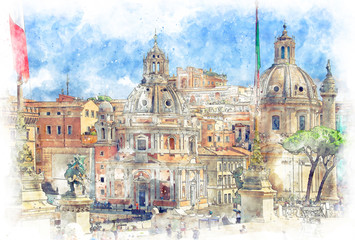 Fototapeta na wymiar Digital illustration in watercolor style of Trajan's Column and Santa Maria di Loreto, view from Altar of the Fatherland, Rome, Italy