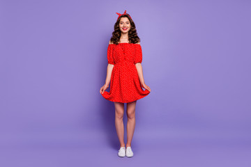 Full body photo of funny lady just finished party clothing wear off-shoulders dress isolated purple background