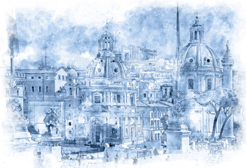 Digital illustration in watercolor style of Trajan's Column and Santa Maria di Loreto, view from Altar of the Fatherland, Rome, Italy - 284825126
