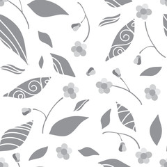 Vector cartoon endless seamless pattern, neutral gray colors, flat style. Abstract flowers, branches and leaves. Perfect for cotton fabric, texture, paper