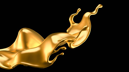 Splash of gold fluid. 3d illustration, 3d rendering.