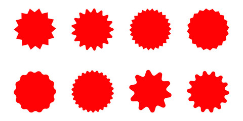 Set of red star or sun shaped sale stickers. Promotional sticky notes and labels.