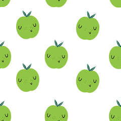 Vector seamless pattern with green apples Emoji. Healthy food and vitamins