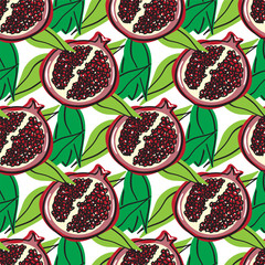 Vector seamless pattern. Tropical, urban jungle style design. Leaves and fruits of ripe pomegranate on white background.  Abstract hand drawing style. Background for wallpaper, paper, decor and more