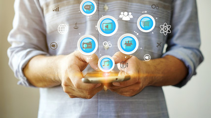 Hand using smartphone connecting, Social media concept
