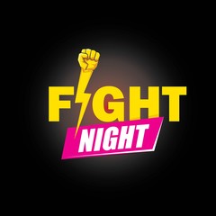 Fight night vector modern poster with text and strong fist. mma, wrestling or fight club emblem design template. fight label isolated on black background