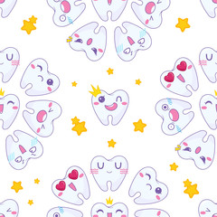 Vector seamless pattern.  Kawaii funny teeth with random muzzles, as a happy, grumpy, moody, screaming, loving. Cartoon dental characters with stars on white background. Simple anime design