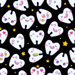 Vector seamless pattern with cartoon dental characters and cute stars on black background. Funny teeth with kawaii faces, as a happy, grumpy, moody, screaming, loving. Japanese anime design