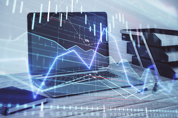 Stock market chart and desktop office computer background. Multi exposure. Concept of financial analysis.