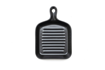 Empty black ceramic square pan isolated on white background.