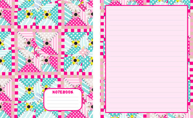 Set of vector backgrounds for school notebook, cover and blank page. Kawaii paper for handwriting letters, diary, planners, notes. Abstract illustration in patchwork, textile style. Lined version