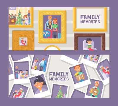 Fimily memories set of banners vector illustration. Picture framing. Vintage gold and wooden frames. Photography with happy people. Good memory. Photos of family members and events.