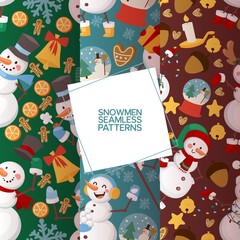Winter holidays snowman set of seamless patterns vector illustration. Cheerful snowmen in different costumes and outfits. Cold season activities. Character wearing hat, mittens, boots.