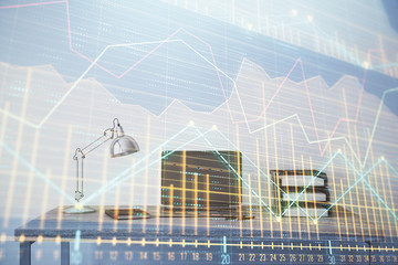 Stock market chart and desktop office computer background. Multi exposure. Concept of financial analysis.
