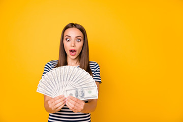 Closeup photo of pretty lady holding hands bucks fan wear striped white blue t-shirt isolated yellow background