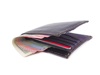  Brown wallet with money isolated on white background.