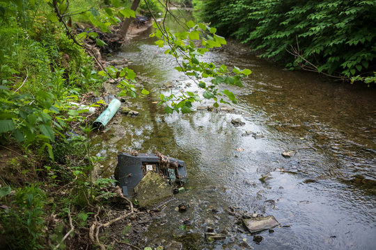 Trash left behind in a creek in South Park, Pennsylvania.