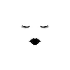 Female eyes with eyelashes and lips vector icon. Pretty woman lips and closed eyes black illustration.