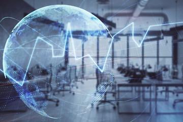 Stock and bond market graph and world map with trading desk bank office interior on background. Multi exposure. Concept of international finance