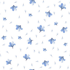 Fototapeta na wymiar Pattern of watercolor blue flowers on a white background