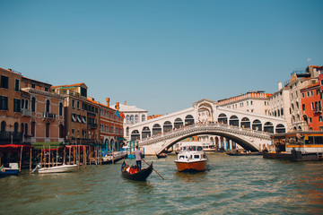 Rialto bridge and Grand Canal in Venice, Italy. View of Venice Grand Canal.