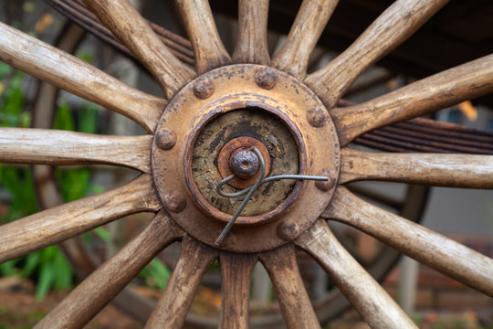 Old wagon wheel closeup