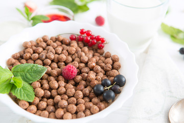 Multigrain wholewheat healthy cereals with fresh berry for breakfast overhead shot Healthy tasty breakfast chocolate balls with strawberries, raspberries, black currants and red currants.