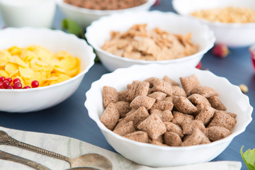 Bowls of various cereals and milk from top view Breakfast cereal mix: cornflakes, pads, muesli, multigrain flakes and chocolate balls