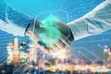 Double exposure of business theme drawing on cityscape background with handshake. Concept of partnership