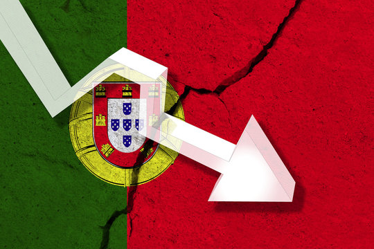 Portugal Flag on the cracked wall with arrow falling down. Concept of decrease in the country.