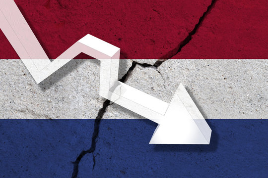 Netherlands Flag on the cracked wall with arrow falling down. Concept of decrease in the country.