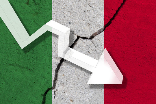 Italy Flag on the cracked wall with arrow falling down. Concept of decrease in the country.