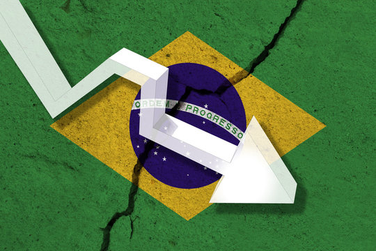 Brazil Flag on the cracked wall with arrow falling down. Concept of decrease in the country.