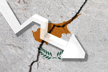 Cyprus Flag on the cracked wall with arrow falling down. Concept of decrease in the country.