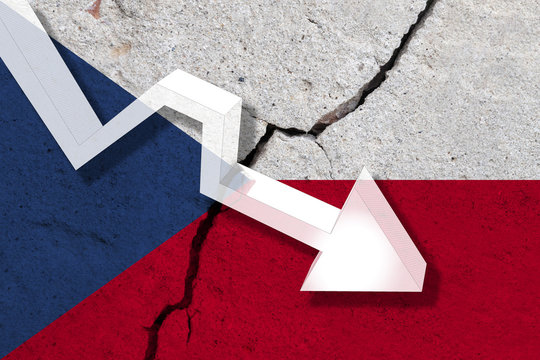 Czech Republic Flag on the cracked wall with arrow falling down. Concept of decrease in the country.